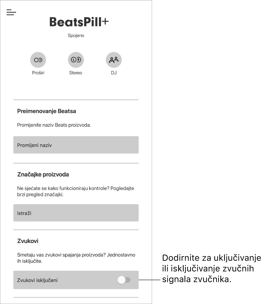 Kontrola “Zvukovi” na zaslonu uređaja aplikacije Beats