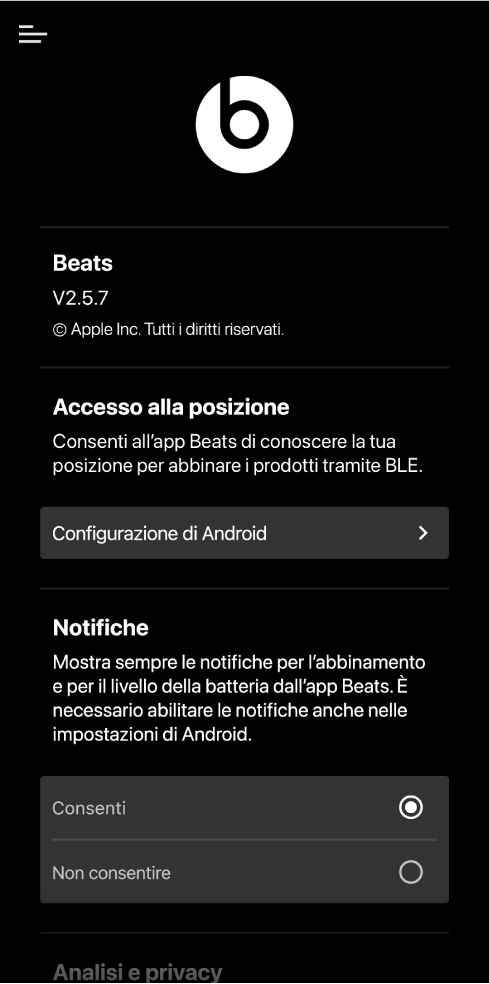 App Beats che mostra la schermata “Seleziona Beats”