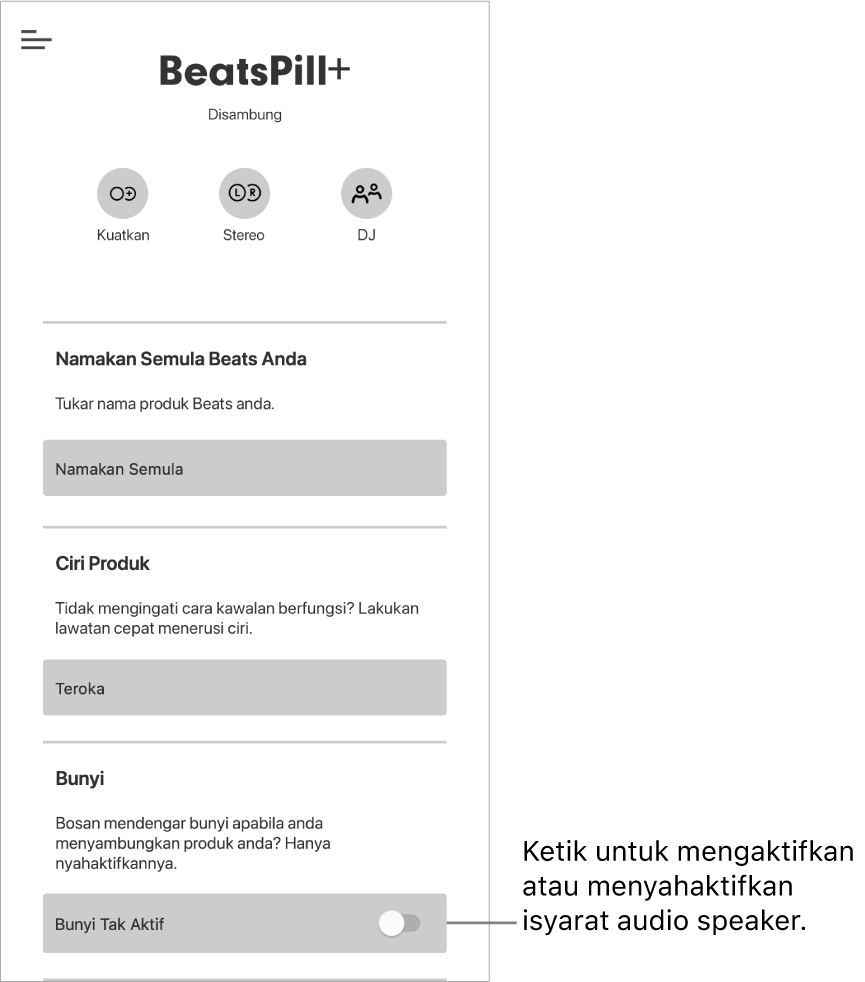 Kawalan "Bunyi" dalam skrin peranti app Beats