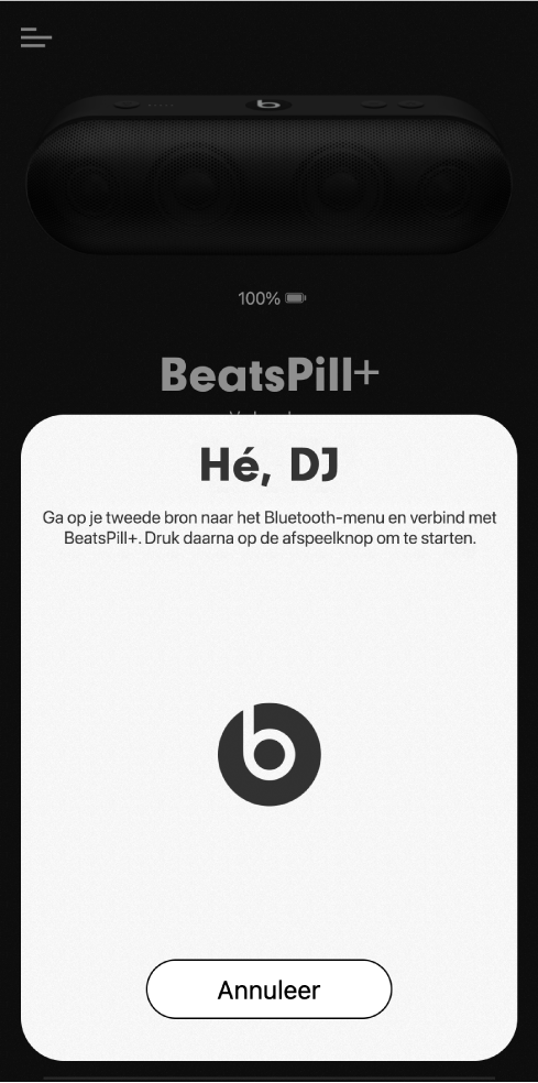 De Beats-app in de DJ-modus; de app wacht tot het tweede apparaat is verbonden