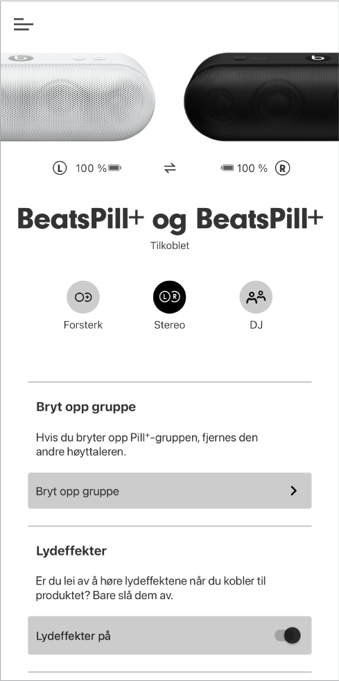 Skjermen i Beats-appen viser Stereo-modus