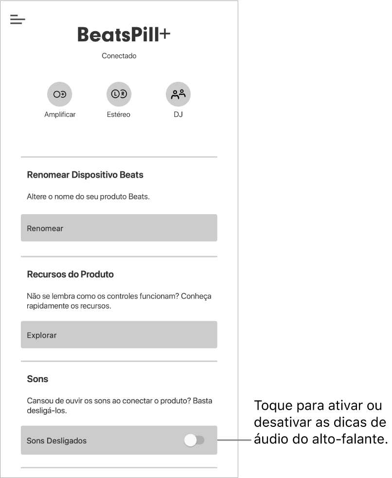 Controle “Sons” na tela de dispositivo do app Beats