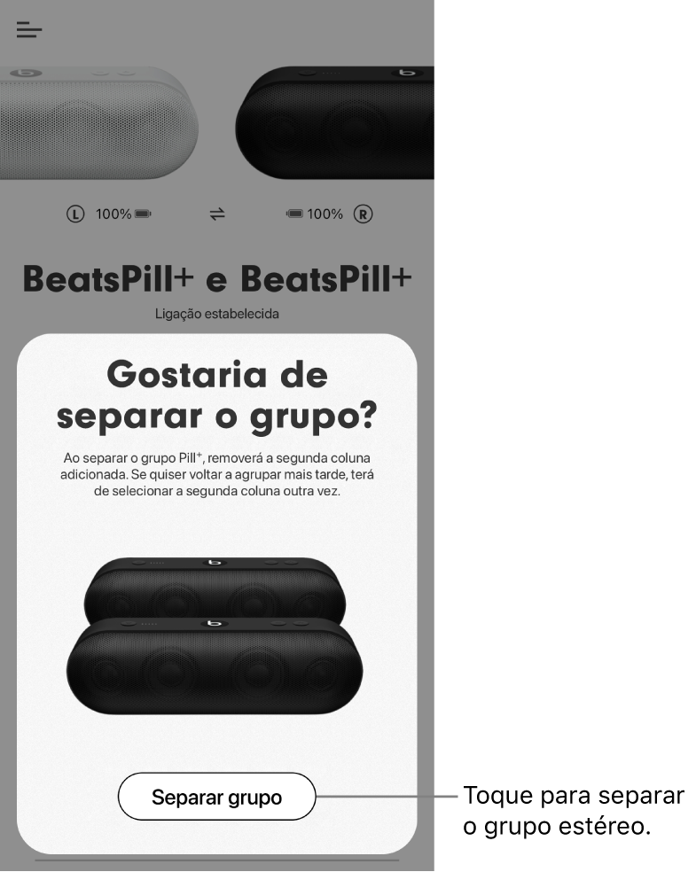 Aplicação Beats; ecrã “Separar grupo”.