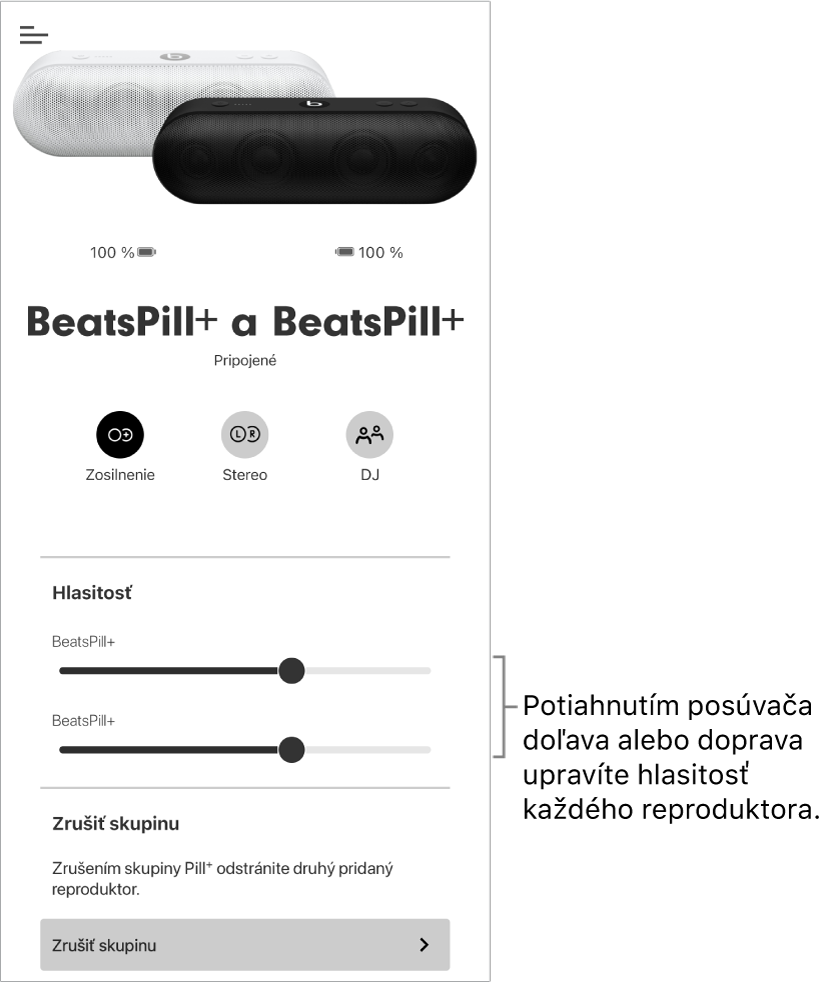 Obrazovka apky Beats v režime Zosilnenie zobrazujúca ovládanie hlasitosti pre dva reproduktory