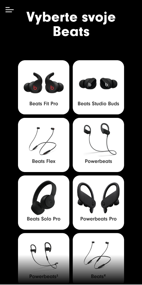 Obrazovka Vyberte svoje Beats znázorňujúca podporované zariadenia