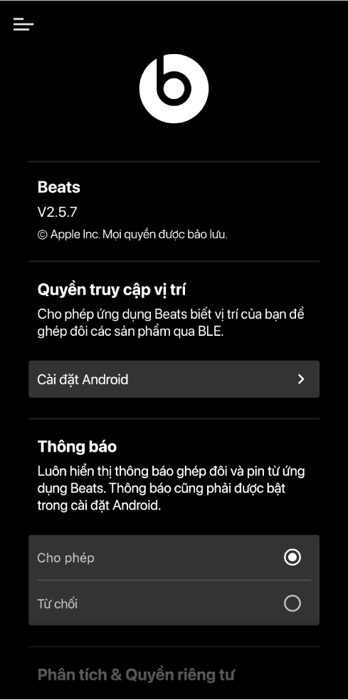 Ứng dụng Beats đang hiển thị màn hình Chọn Beats của bạn