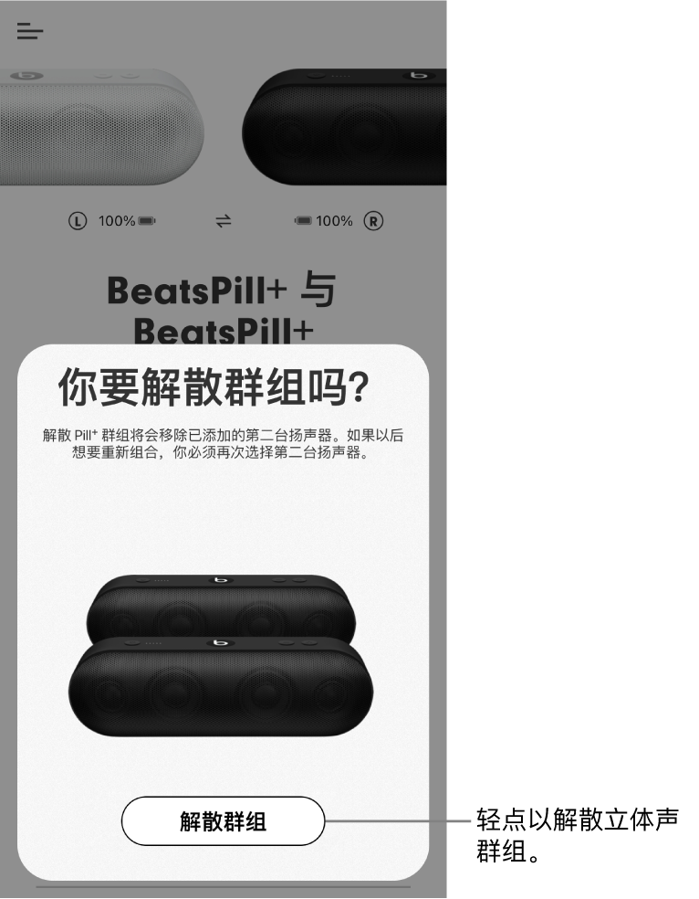 显示“解散群组”卡片的 Beats App