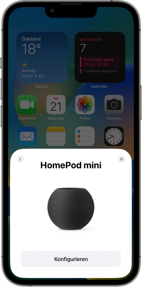 Der Konfigurationsbildschirm wird angezeigt, wenn du dein iOS- oder iPadOS-Gerät nahe an den HomePod hältst.