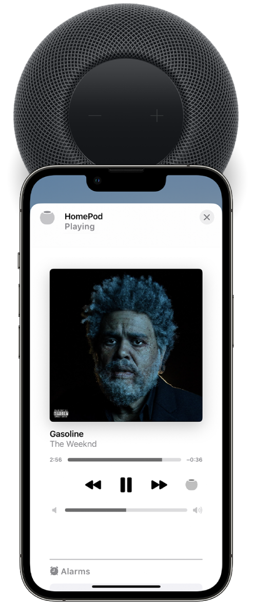 On an iPhone’s screen, a song is playing. The iPhone is close to the top of HomePod and an alert says that the song is transferring to HomePod.