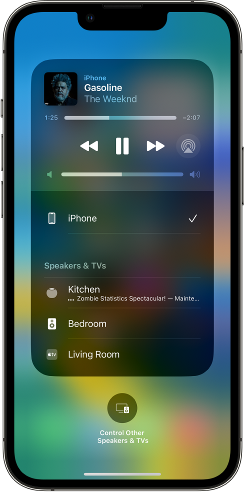On an iPhone’s screen, a song is playing and a list of devices and speakers is showing. iPhone is selected, and HomePod is an option below.