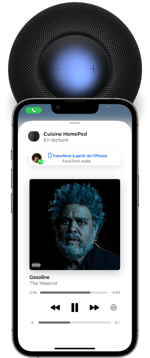 L’app Domicile sur un iPhone qui affiche la musique à l’écoute alors que vous transmettez un appel au HomePod. L’iPhone est à proximité de la partie supérieure du HomePod.