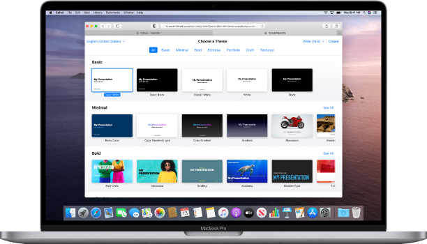 MacBook Pro مع فتح منتقي سمة Keynote على الشاشة. يتم تحديد السمة الأساسية الأولى، وتظهر السمات الأساسية الأخرى على يسارها، وتظهر السمات المصممة مسبقًا أدناه في صفوف حسب الفئة.