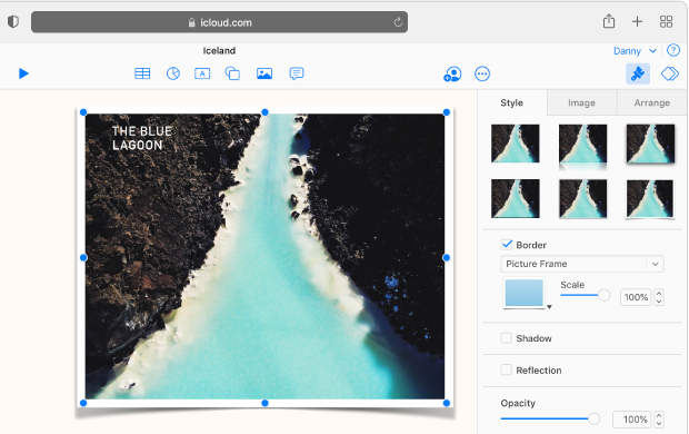 Das ausgewählte Bild auf der Folie hat einen Bilderrahmen. Der Tab „Stil“ in der Seitenleiste „Format“ ist geöffnet und im Menü „Rahmen“ ist „Bilderrahmen“ ausgewählt.