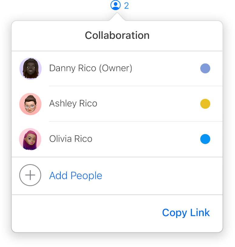 The Collaboration menu showing the names of people collaborating on the presentation. Share options are below the names.