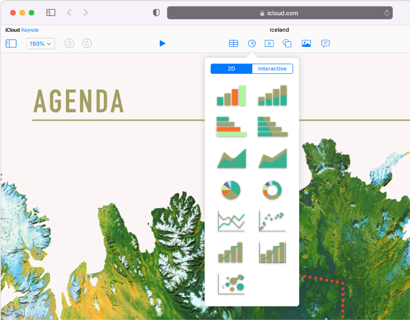 The Tables, Charts, Text, Shapes and Image object buttons appear in the toolbar. The Charts pop-up menu is open, with 2D and Interactive buttons at the top. The 2D button is selected, and a variety of 2D charts thumbnails are shown to choose from.