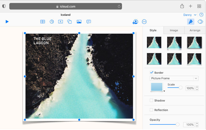 The selected image on the slide has a picture frame border, and the Style tab of the Format sidebar is open with Picture Frame selected from the border menu.