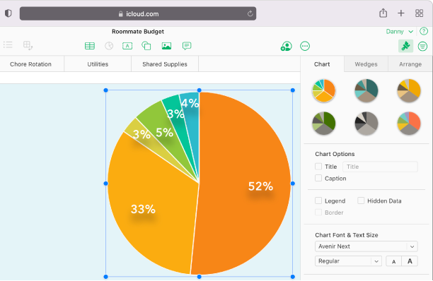 각 섹션에 백분율이 포함되어 있는 원형 차트입니다. 포맷 사이드바의 차트 탭이 열려 있고 스타일, 텍스트 서체 등을 변경하는 옵션이 표시되어 있습니다.