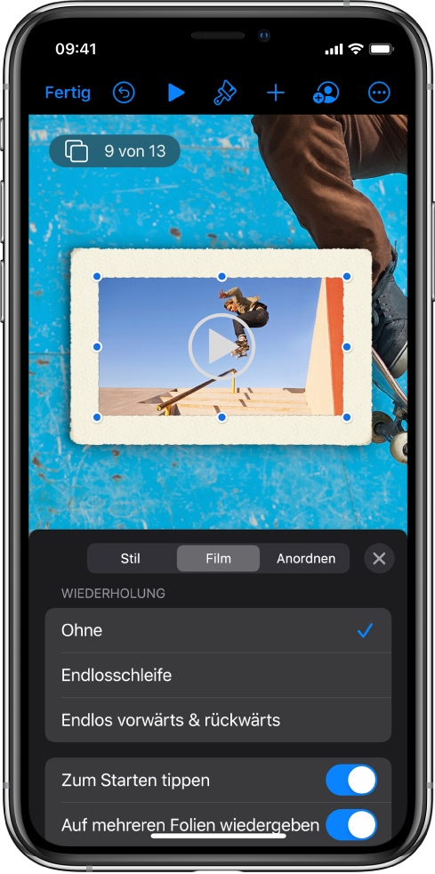 Die Steuerelemente für „Format“ zum Ändern von Größe und Erscheinungsbild des ausgewählten Videos. Die Tasten „Stil“, „Film“ und „Anordnen“ werden über den Steuerelementen angezeigt.