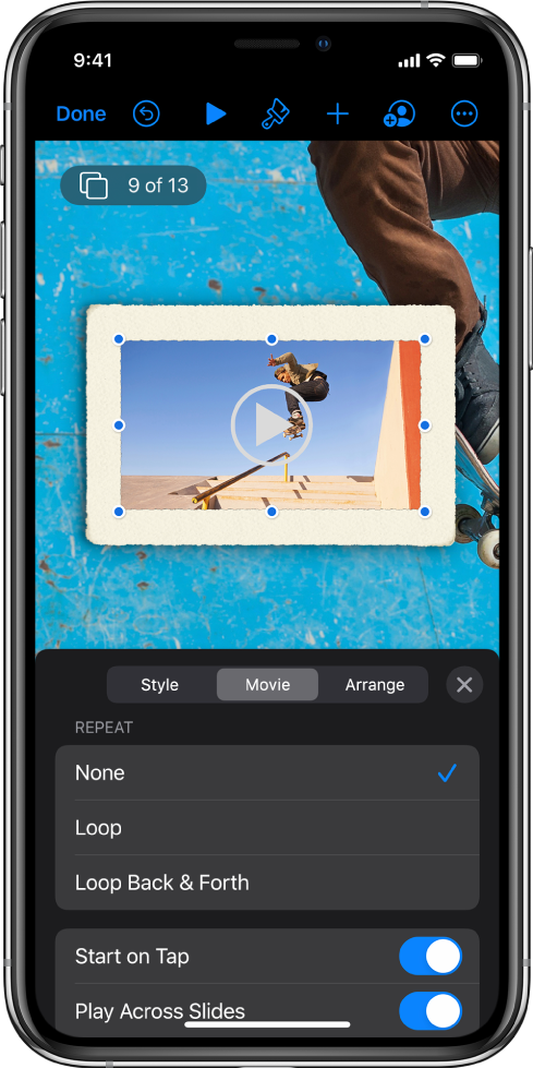 The Format controls for changing the size and appearance of the selected video. Style, Film and Arrange buttons are across the top of the controls.