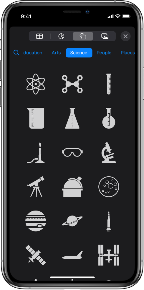 The Insert menu with buttons across the top to add tables, charts, shapes and media.