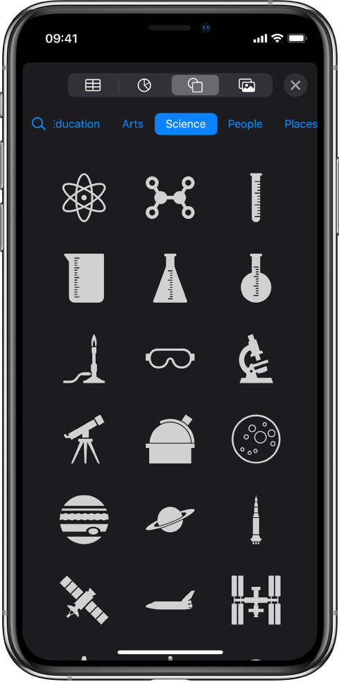 The Insert menu with buttons across the top to add tables, charts, shapes and media.