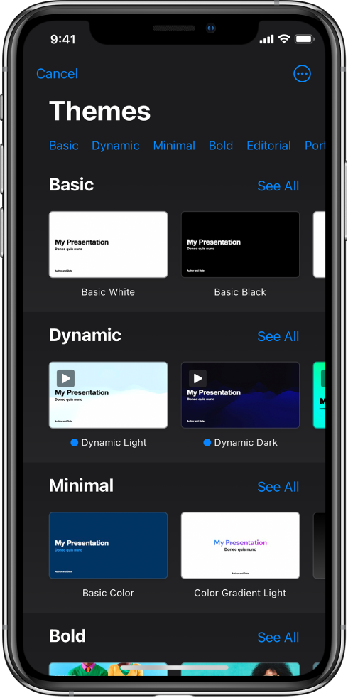 &nbsp;The theme chooser, showing a row of categories across the top that you can tap to filter the options. Below are thumbnails of predesigned themes arranged in rows by category.