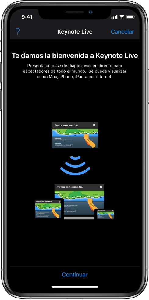 Una ventana que presenta Keynote&nbsp;Live con el botón Continuar en la parte inferior.