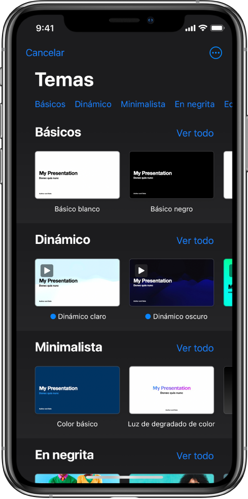 &nbsp;El selector de tema, mostrando una fila de categorías a lo largo de la parte superior que puedes tocar para filtrar las opciones. Debajo hay miniaturas de temas prediseñados organizados en filas por categorías.
