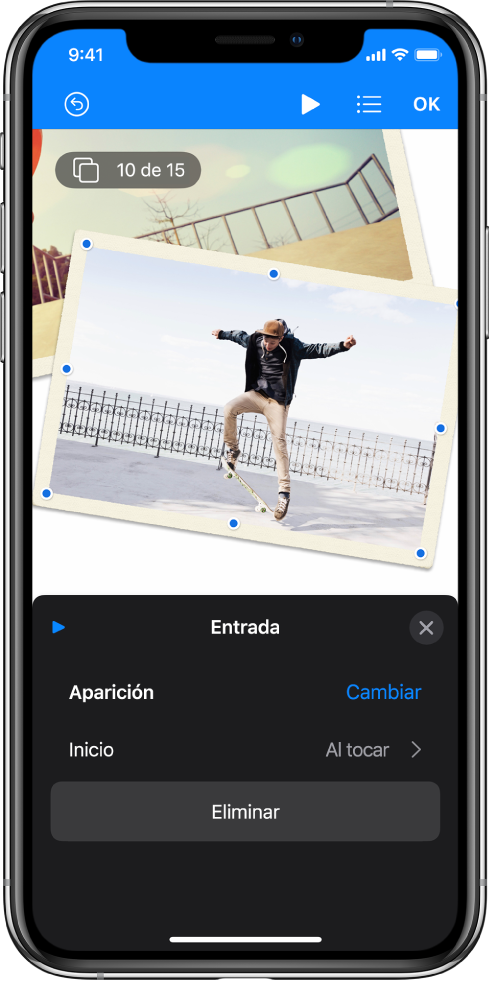 Controles de animación para la imagen seleccionada en la diapositiva. En la parte inferior de la pantalla hay controles para el efecto de entrada que se está usando.