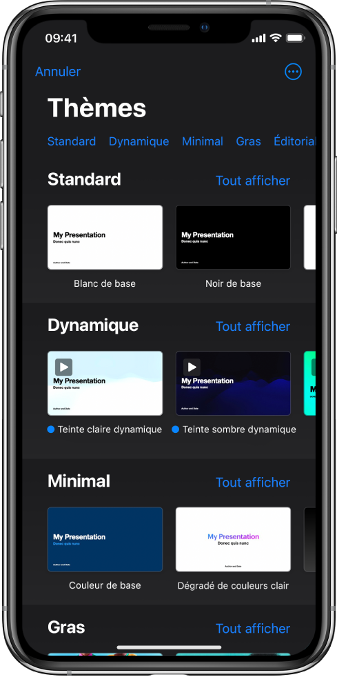 &nbsp;Le sélecteur de thèmes affiche en haut une rangée de catégories que vous pouvez toucher pour filtrer les options. En dessous se trouvent des vignettes de thèmes prédéfinis disposées en rangées par catégorie.