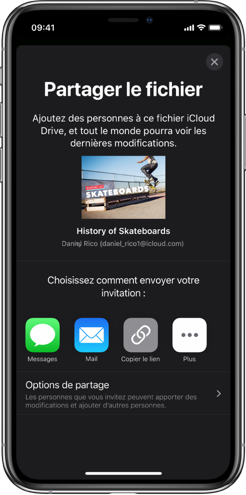 L’écran Ajouter des personnes affichant une image de la présentation à partager. En dessous se trouvent des boutons permettant d’envoyer l’invitation de diverses façons, notamment les boutons Messages, Mail, Copier le lien et Plus. Au bas se trouve le bouton Options de partage.