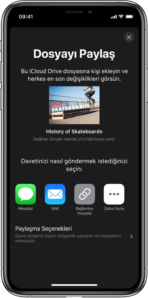 Kişi Ekle ekranı, paylaşılacak sununun bir resmini gösteriyor. Onun altında Mesajlar, Mail, Bağlantıyı Kopyala ve Diğer de dahil olmak üzere çeşitli davet gönderme yolları için düğmeler var. En altta Paylaşma Seçenekleri düğmesi bulunuyor.