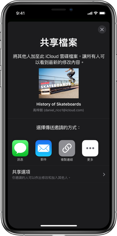 「加入成員」畫面顯示要共享簡報的圖片。其下方為傳送邀請的方式，包括「訊息」及「郵件」、「複製連結」等等。最下方是「分享選項」按鈕。