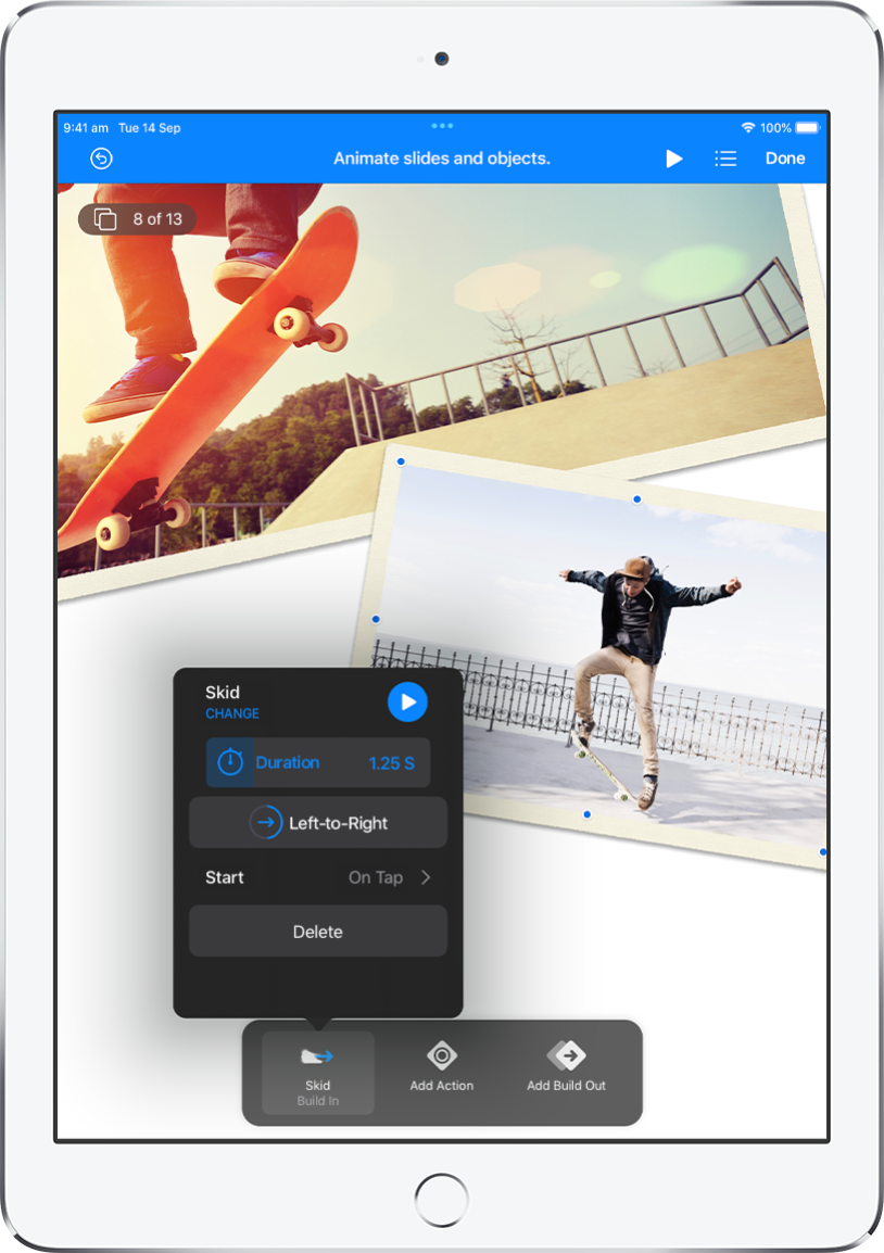 Animation controls for the object that’s selected on the slide. At the bottom of the screen is a button for the Build-In effect being used and Add Action and Add Build Out buttons.