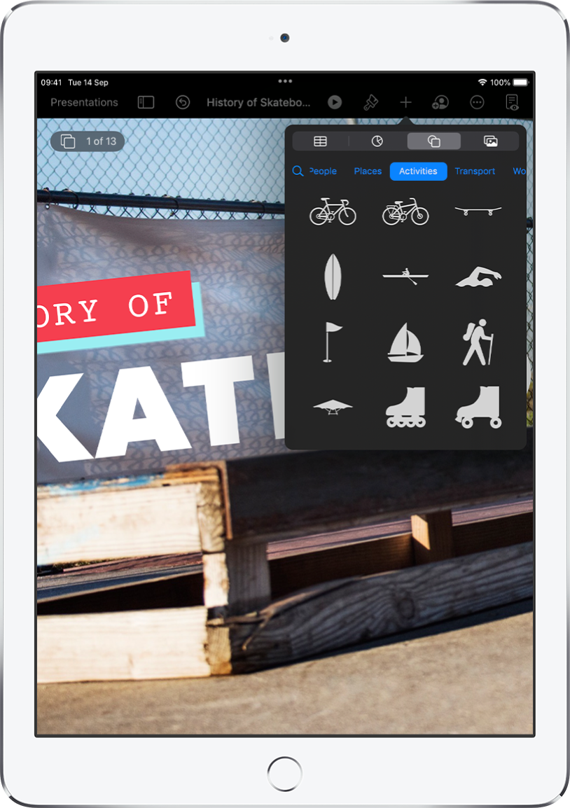 The Insert menu with buttons across the top to add tables, charts, shapes and media.