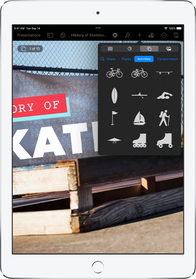 The Insert menu with buttons across the top to add tables, charts, shapes, and media.