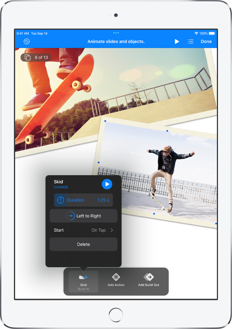 Animation controls for the object that’s selected on the slide. At the bottom of the screen is a button for the Build-In effect being used and Add Action and Add Build Out buttons.