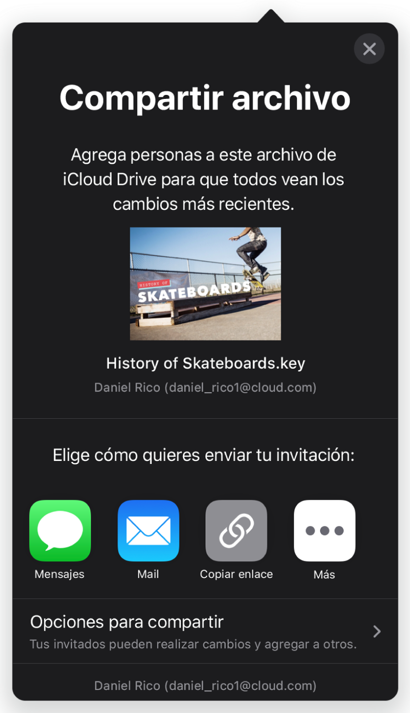 La pantalla Agregar personas mostrando una imagen de la presentación que se va a compartir. Debajo hay botones con las maneras en que se puede enviar la invitación; incluyendo Correo, Copiar enlace y más. En la parte inferior se encuentra el botón Opciones para compartir.