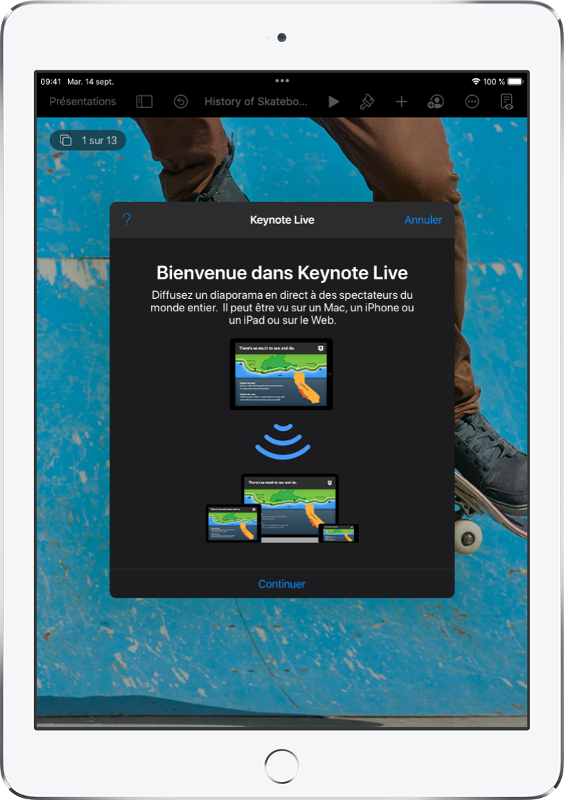 Une fenêtre qui présente Keynote&nbsp;Live avec le bouton Continuer en bas.