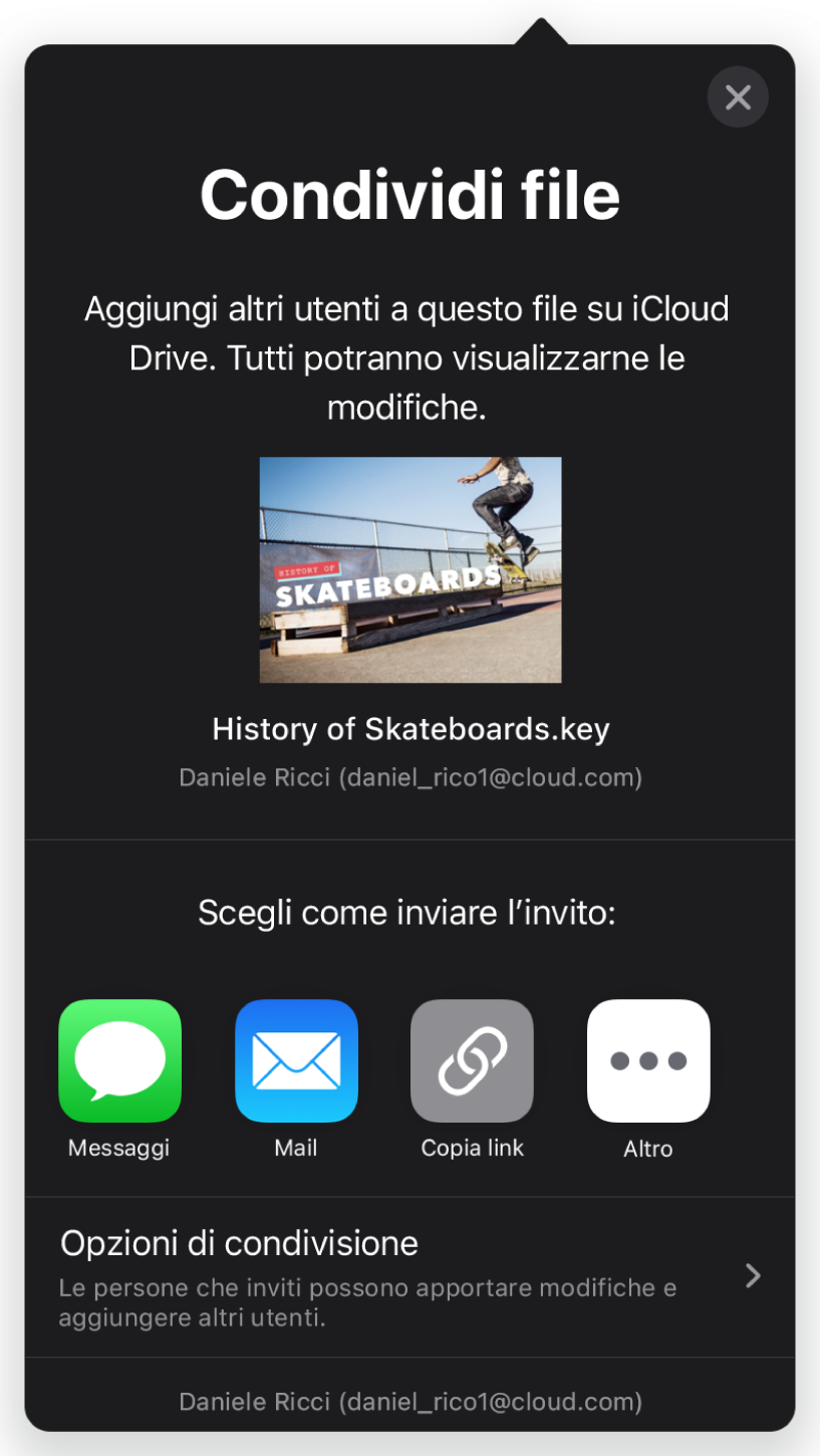 La schermata “Aggiungi persone” che mostra un’immagine della presentazione da condividere. Al di sotto ci sono i pulsanti delle modalità per inviare l’invito, che includono Mail, “Copia link” e Altro. Nella parte inferiore c'è il pulsante “Opzioni di condivisione”.