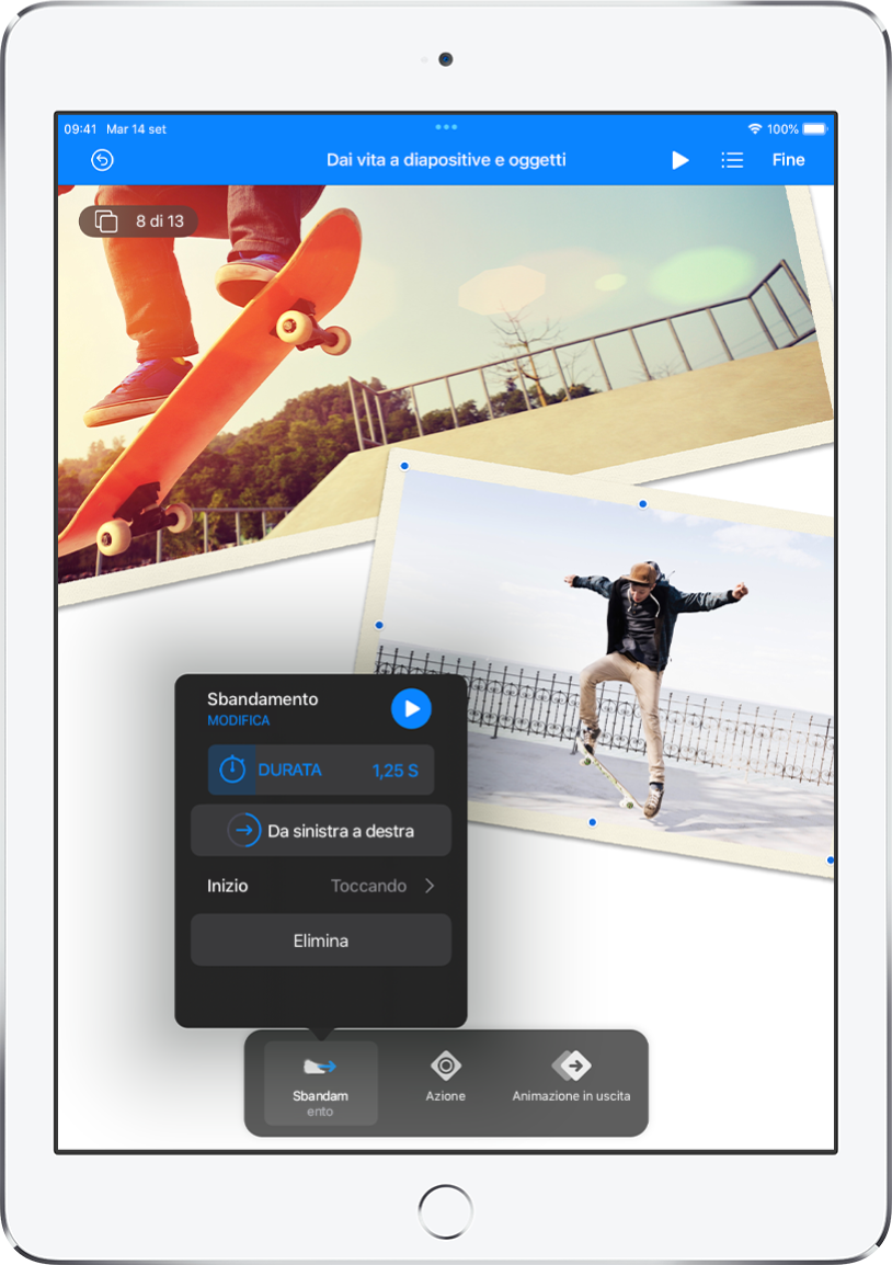 I controlli delle animazioni per l'oggetto selezionato sulla diapositiva. Nella parte inferiore dello schermo è presente un pulsante per l’effetto “In entrata” in uso e i pulsanti “Aggiungi azione” e “Aggiungi animazione in uscita”.