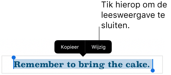 Er is een zin geselecteerd en erboven staat een contextueel menu met de knoppen 'Kopieer' en 'Wijzig'.