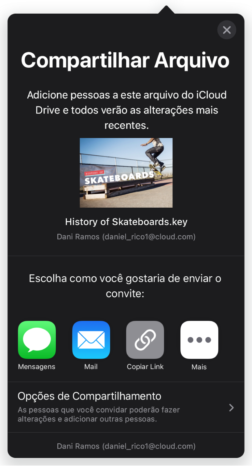 Tela Adicionar Pessoas mostrando uma imagem da apresentação que será compartilhada. Abaixo disso, botões das formas de envio do convite, incluindo Mail, Copiar Link e Mais. Na parte inferior, o botão Opções de Compartilhamento.
