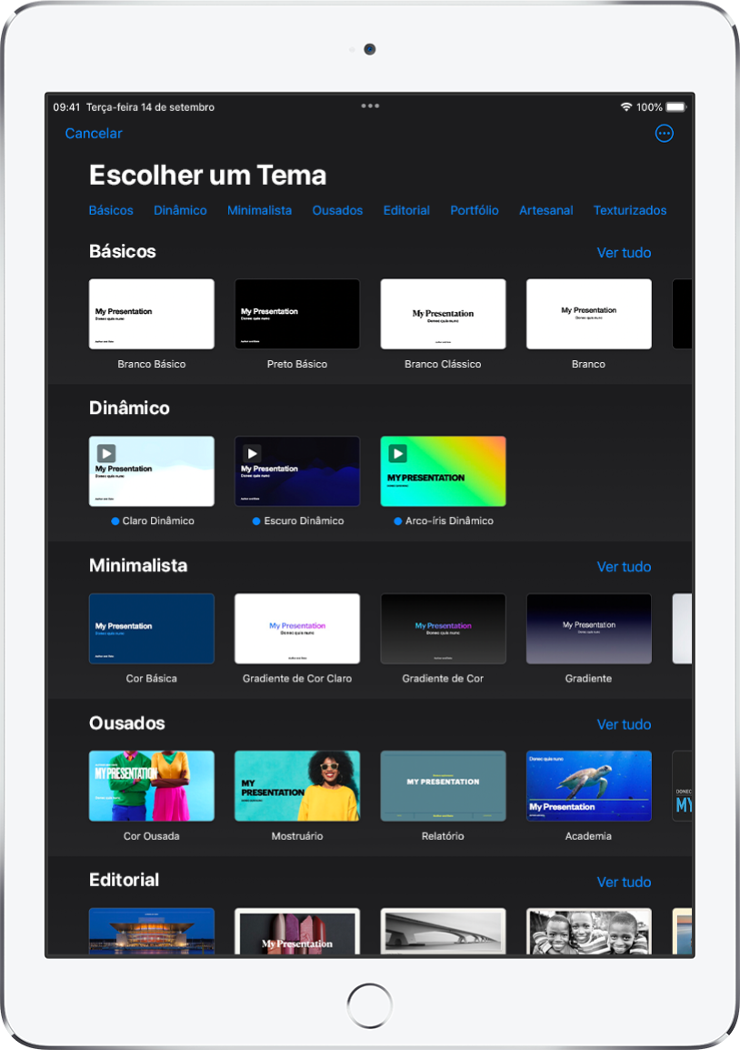 Seletor de temas, mostrando uma linha de categorias na parte superior na qual você pode tocar para filtrar as opções. Abaixo estão miniaturas de temas predefinidos organizados em linhas por categoria.