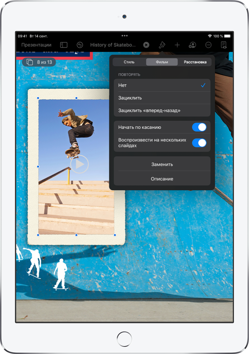 Элементы управления «Формат» для&nbsp;изменения размера и&nbsp;оформления выбранного видео. Вверху панели элементов управления расположены кнопки «Стиль», «Фильм» и&nbsp;«Расстановка».