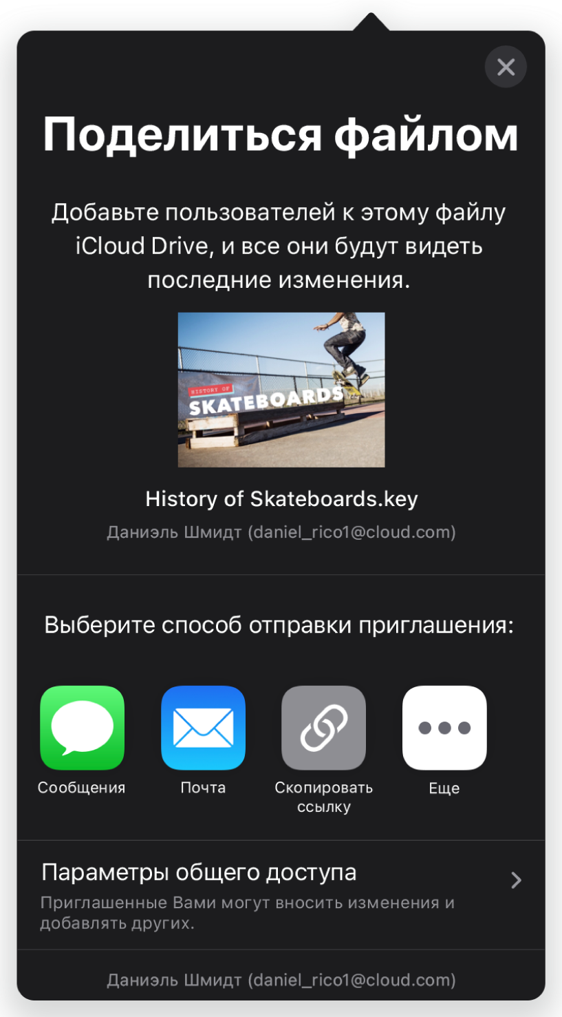 На экране «Добавить участников» показано изображение презентации, к&nbsp;которой будет открыт доступ для&nbsp;других пользователей. Ниже расположены кнопки для&nbsp;приглашения других пользователей, в&nbsp;том числе «Почта», «Скопировать ссылку» и&nbsp;«Еще». Внизу находится кнопка «Параметры доступа».