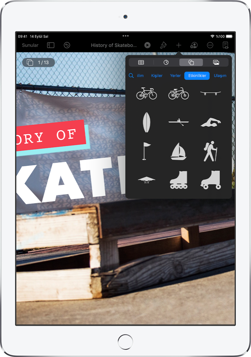 Tablo, grafik, şekil ve ortam eklemek için en üstte yer alan düğmelerle Ekle menüsü.