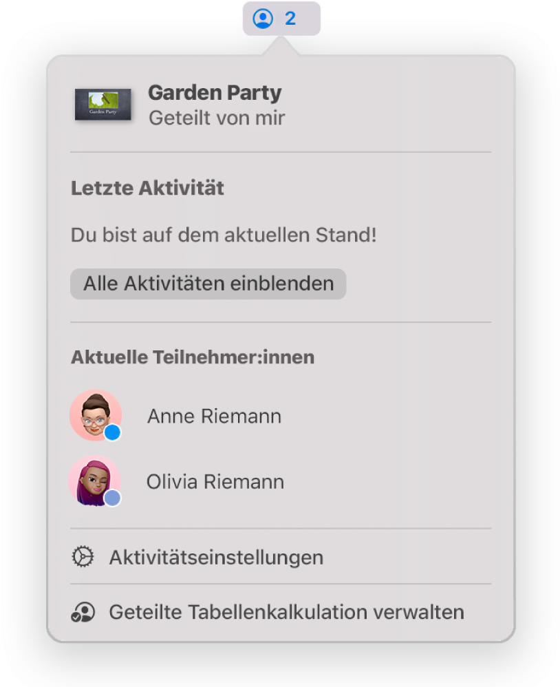 Das Menü für die Zusammenarbeit mit den Namen von Personen, die gemeinsam eine Präsentation bearbeiten. Optionen zum Teilen befinden sich unter den Namen.