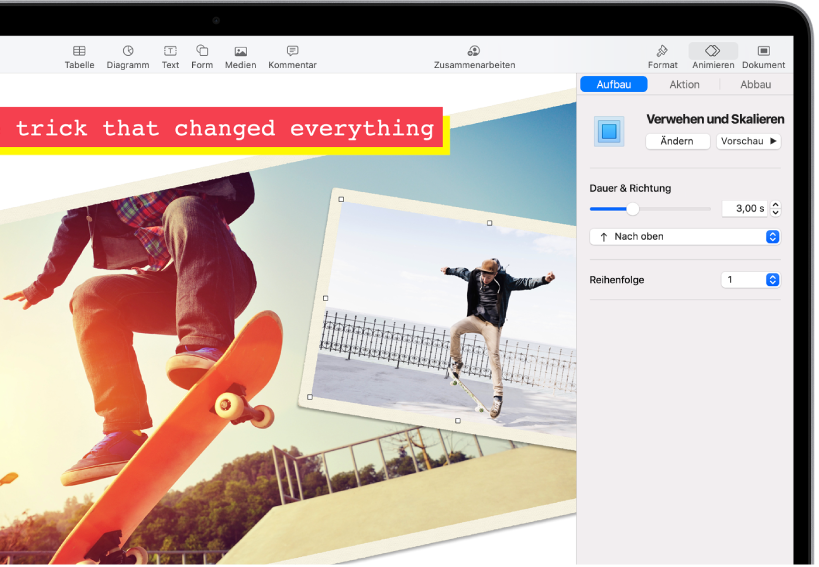 Die Steuerelemente „Animation“ zum Hinzufügen von Animationen zum ausgewählten Bild. Die Tasten „Aufbau“, „Aktion“ und „Abbau“ werden oben in der Seitenleiste angezeigt.