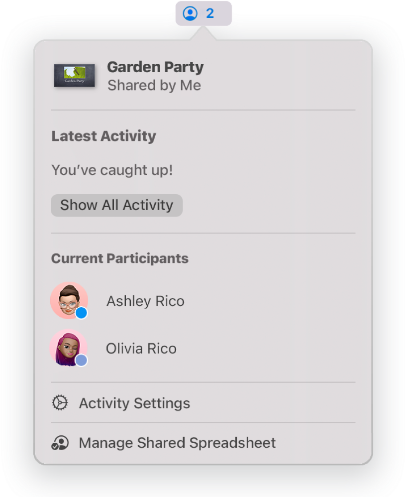 The Collaboration menu showing the names of people collaborating on the presentation. Share options are below the names.